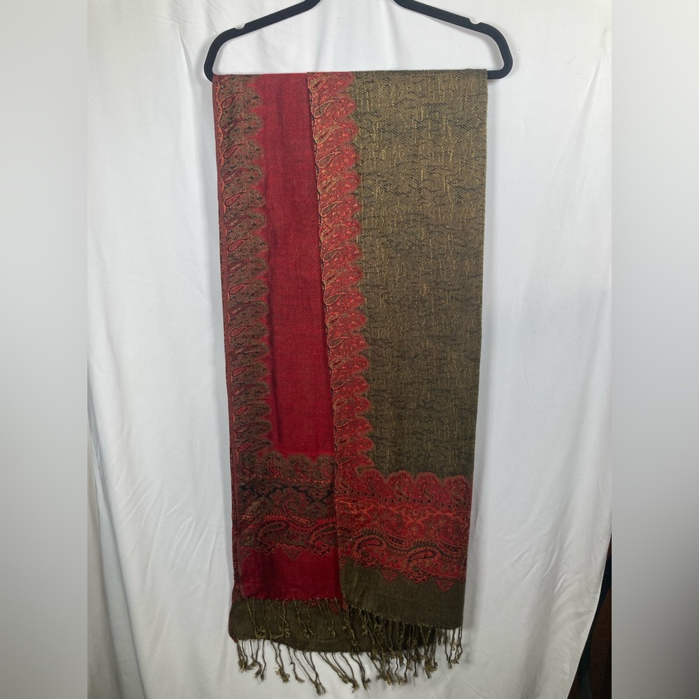 Pashmina Red and Brown Paisley Scarf 100% Pashmina